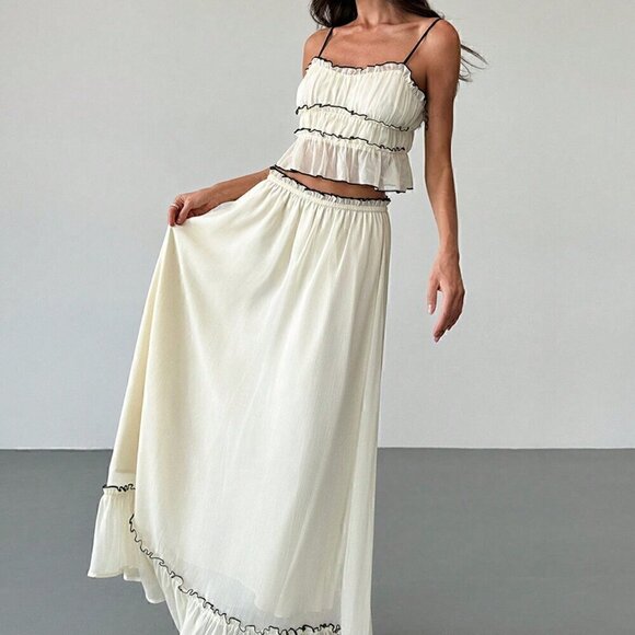 Apricot Casual Women's Vacation Contrast Trim Layered Camisole Top & Skirt - Picture 2 of 9